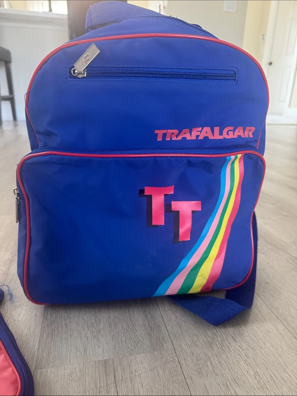 Trafalgar Backpack Shoulder Bag Vintage 80's Rainbow Blue Travel Bag Red Trim